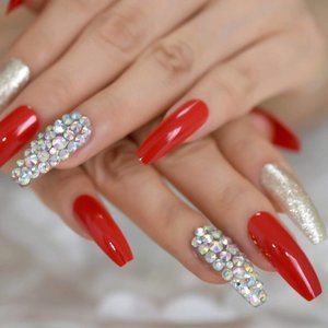 28pcs Gorgeous Red Press on Ballet False Nails Extra Long Ruby-red Coffin